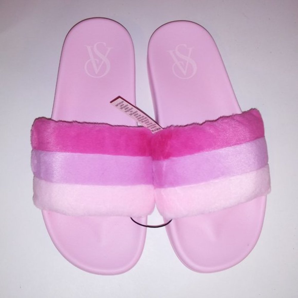 Victoria Secret Slides Sandals Pink Stripe Fur Fuzzy Slip On Open Toe New With T
